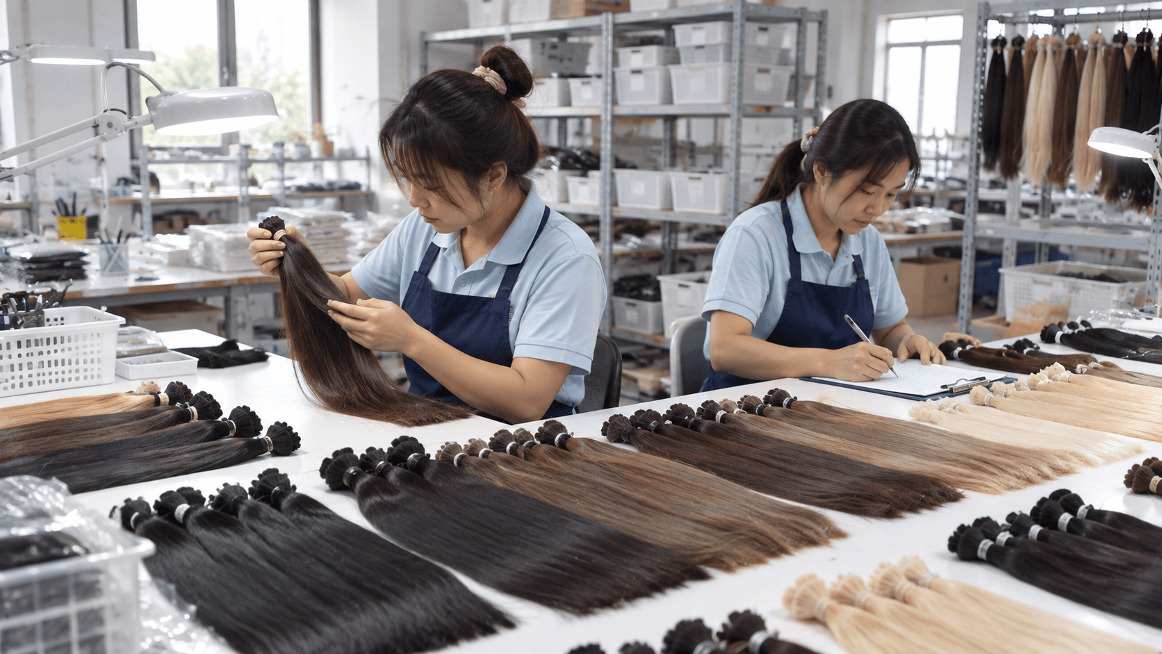 Hair extension bundles being checked at a factory worktable
