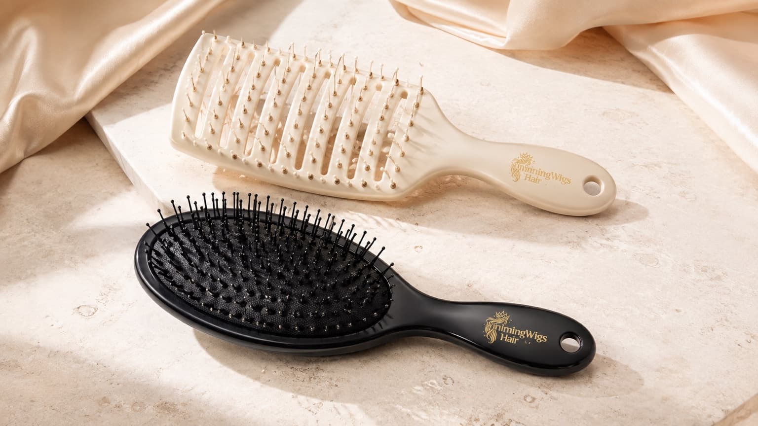 Ivory and black WinningWigs branded hair brushes