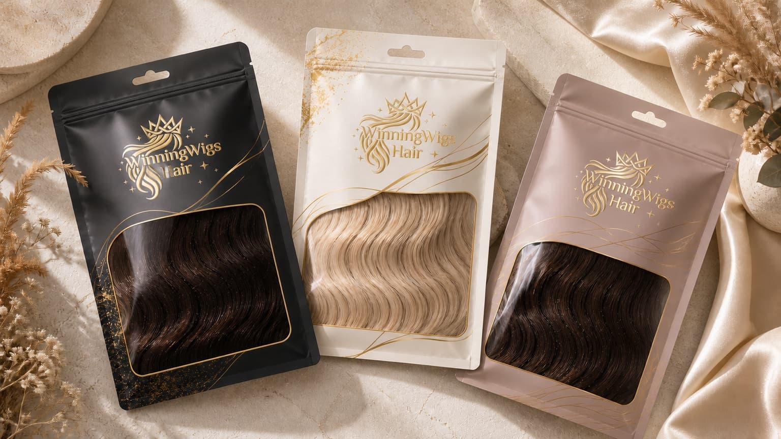 WinningWigs branded hair extension packaging bags in black, ivory and taupe