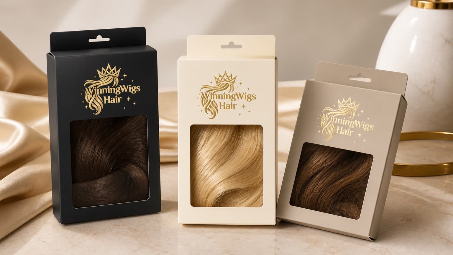 Three WinningWigs branded product boxes with windows showing human hair