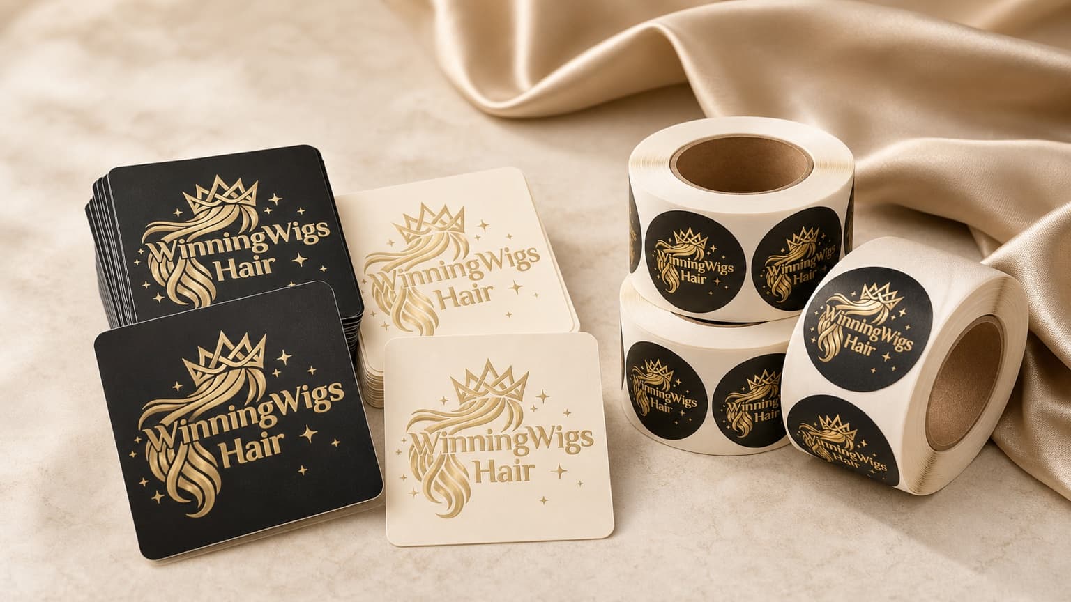 WinningWigs branded cards and rolls of black and ivory stickers
