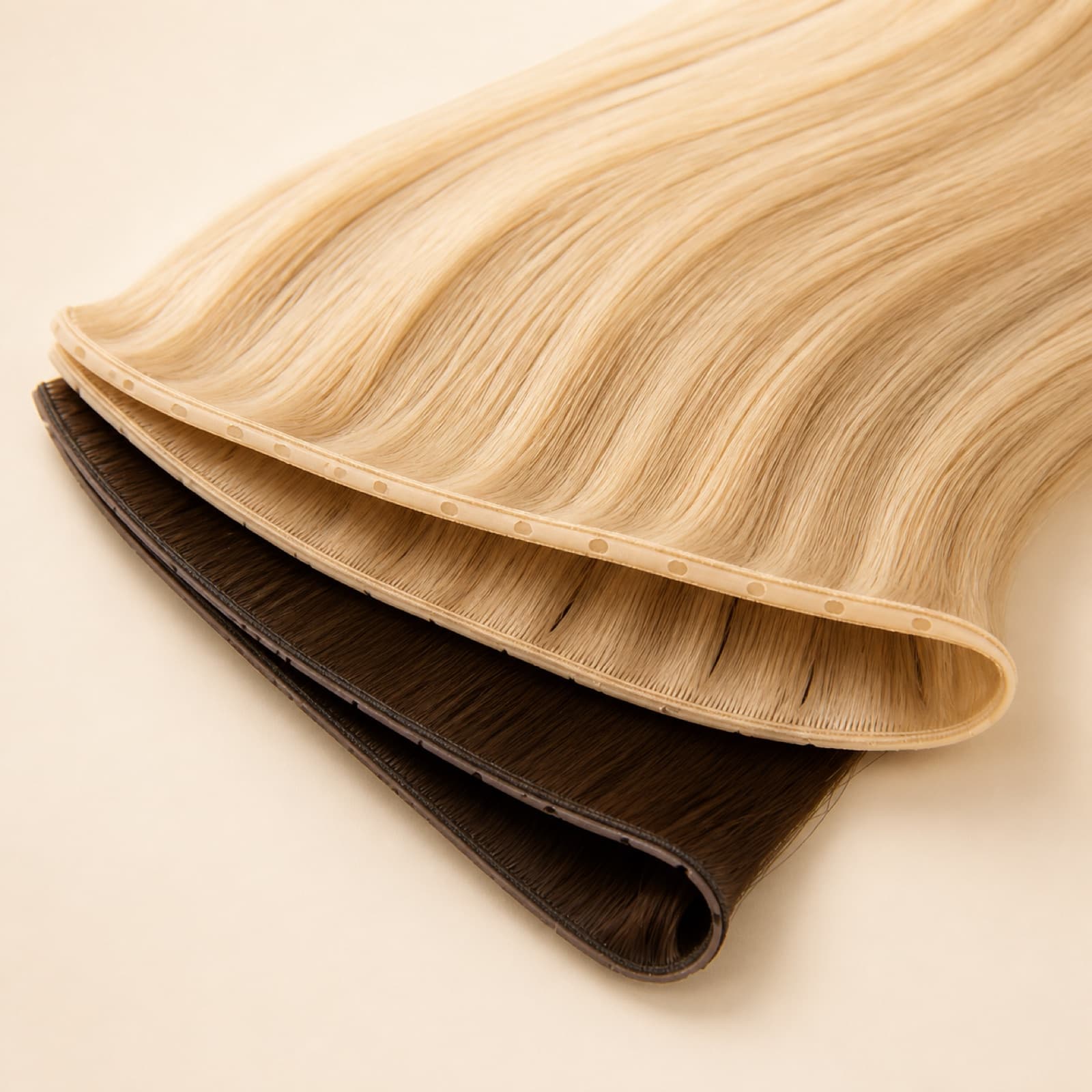 Blonde and brunette human hair weft extensions