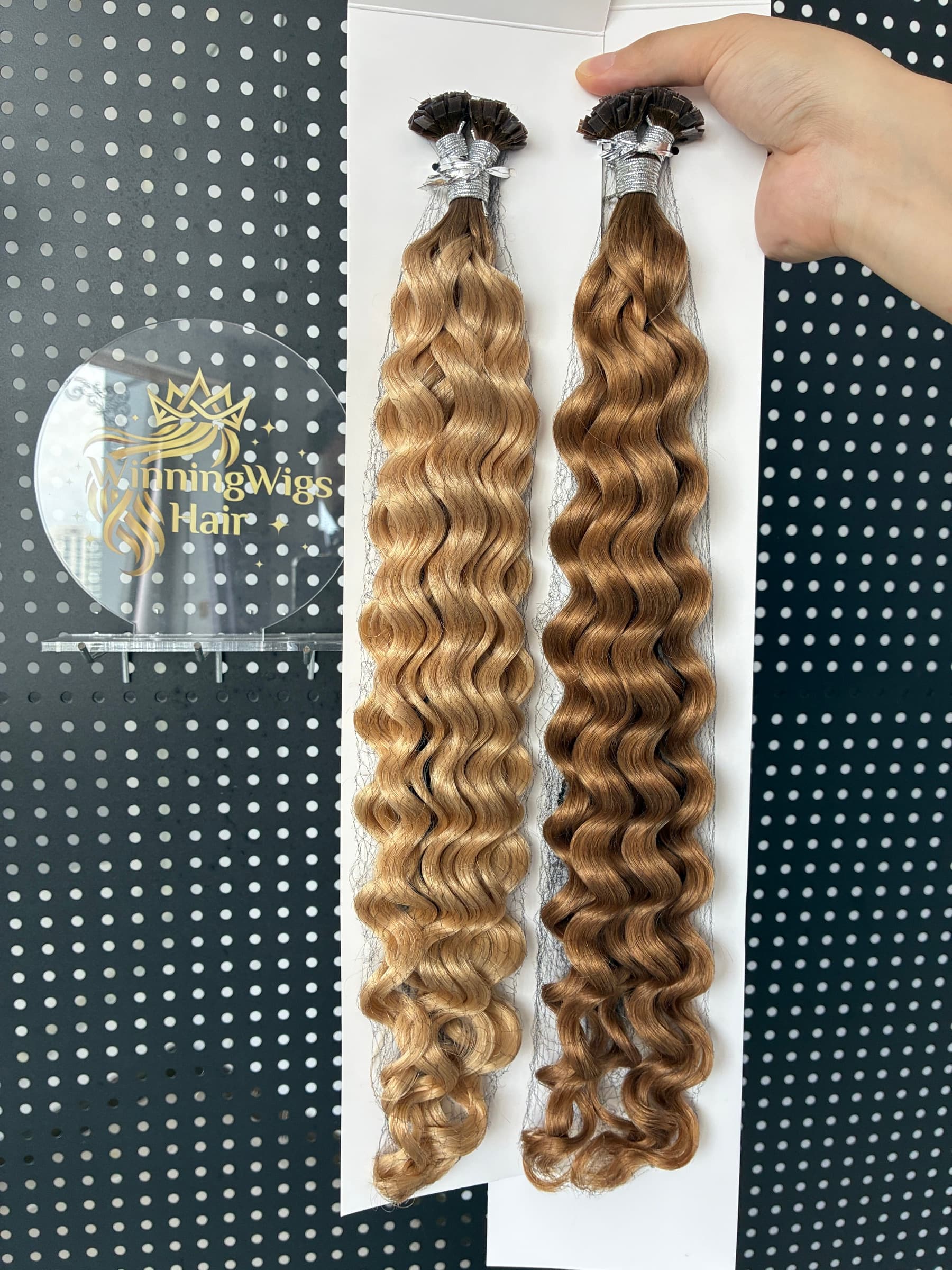 Wavy Flat Tip human hair extensions in warm blonde and brown shades