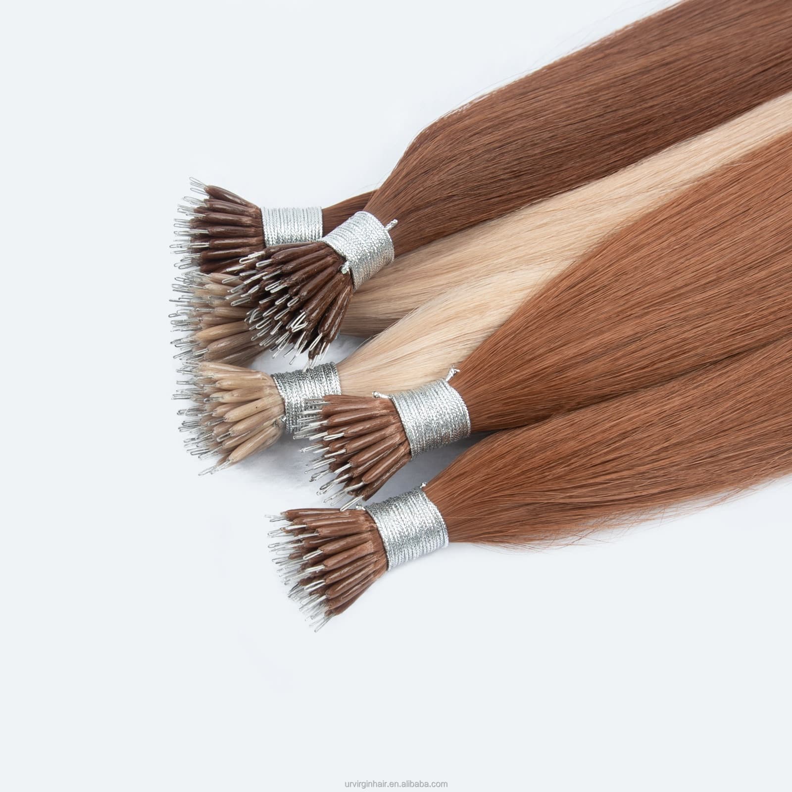 Nano Ring human hair extensions in natural brown and blonde shades with metal loop attachments