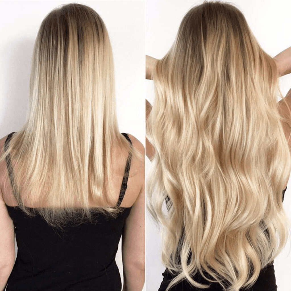 Side-by-side rear views of blonde hair, shorter and straighter on the left and longer with waves on the right