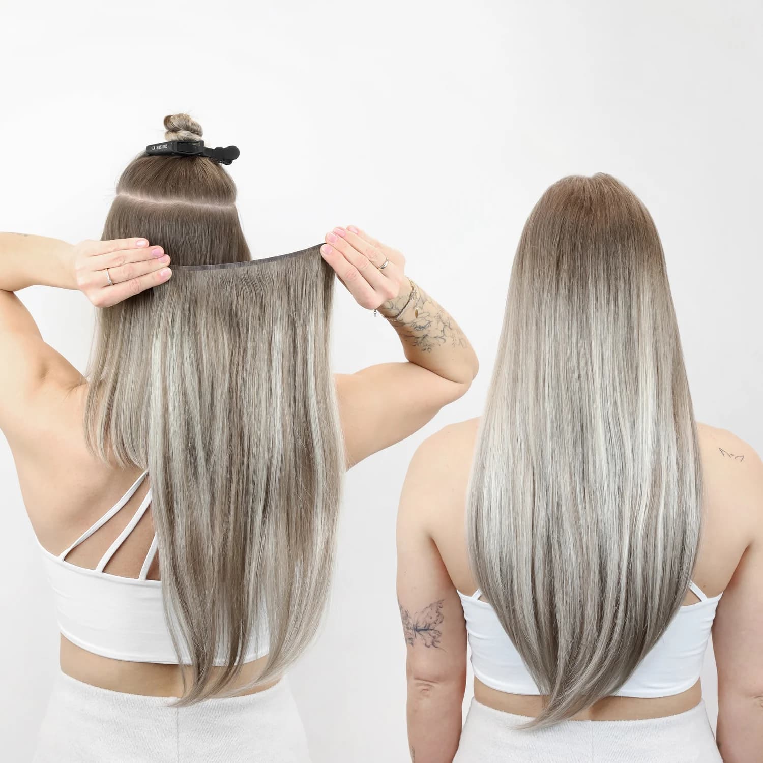 Two rear views of ash-blonde hair, with a hair extension weft held against sectioned hair on the left
